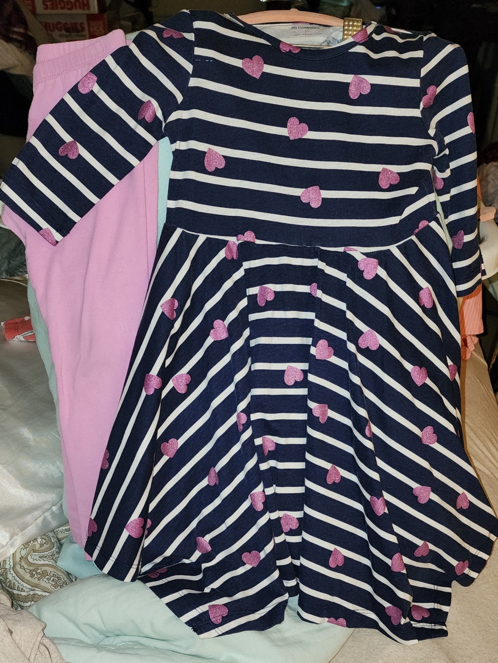Sz 4 Gymboree Navy and White Striped Dress with Purple Heart Accents & Leggings